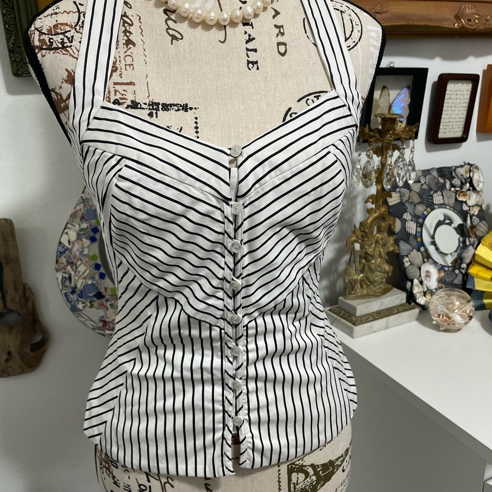 White House Black Market Black and White Striped Blouse